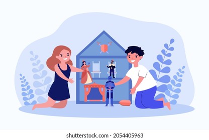 Children Playing Dollhouse At Home Together. Happy Kids Having Fun With Toys In Doll House. Sibling Weekend Entertainment. Flat Cartoon Vector Illustration, Web Page Landing.