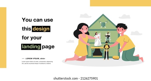 Children Playing Dollhouse At Home Together. Happy Kids Having Fun With Toys In Doll House. Sibling Weekend Entertainment. Flat Cartoon Vector Illustration, Web Page Landing.