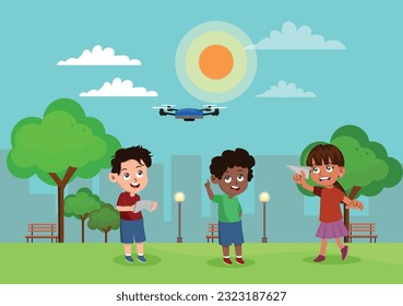 children playing with a drone in a park, kids play in park vector illustration.