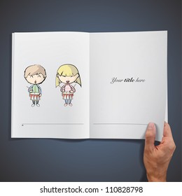 Children playing drum inside a book. Vector design.