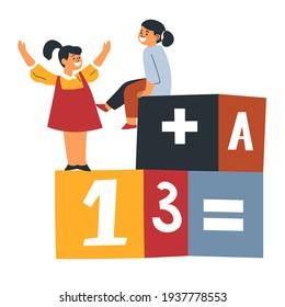 Children playing educational games learning to solve maths problems. Girls having fun together, isolated friends sitting and standing on blocks with numbers and letters. Vector in flat style