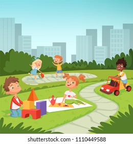 Children playing educational games outdoor. Various equipment for kids. Vector childhood summer park, outdoor playtime illustration