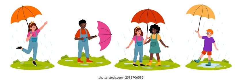 Children playing and enjoying a rainy day with colorful umbrellas in a park