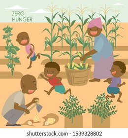 Children are playing in the fields, and African farmers are harvesting potatoes and corn.