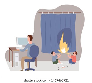 Children Playing With Fire Burning Curtain Inside House. Father Ignoring Kids In Danger. Kids In Accidents Without Help. Children Without Parents Attention. Irresponsible Family. Flat Cartoon Vector