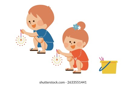 Children playing fireworks Summer vacation Illustration material