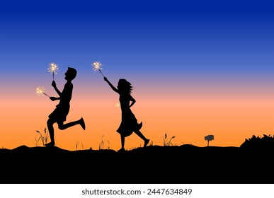 children are playing with fireworks while running in the grassland with the night sky in the background