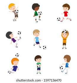 Children are playing football. Different football figures. World Football Day. Vector illustration.