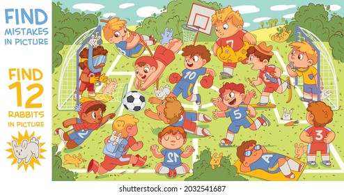 Children are playing football. Find mismatch. Find artist mistakes. Find 12 rabbits in the picture. What's going on here. Puzzle Hidden Items.  Funny cartoon character. Vector illustration. Set
