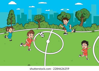 Children playing a football game outdoors vector drawing