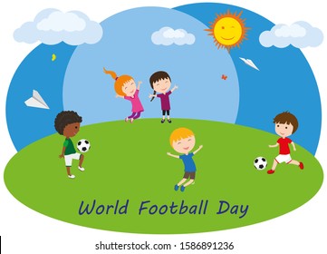 Children are playing football. Girls and boys play ball on the lawn. World Football Day. Vector illustration.