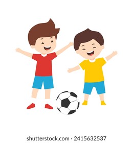 Children playing football happily on white background. Flat vector