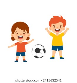 Children playing football happily on white background. Flat vector