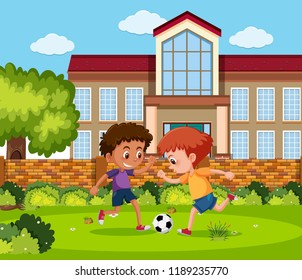 Children playing at football illustration