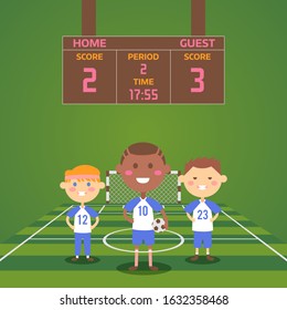 Children playing football on field, boys team cartoon characters vector illustration. Happy active kids playing soccer sport game, fun healthy hobby for children. School football match boys team
