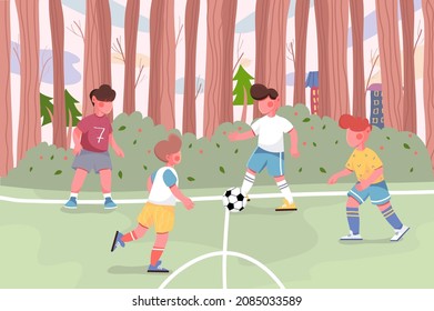 Children playing football on field in city park background. Boys run and kick ball, exercising to soccer match. Nature scenery with trees and buildings. Vector illustration in flat cartoon design