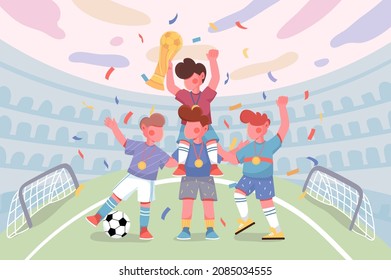 Children playing football on field in stadium background. Team of players won soccer match, received cup and gold medals. Happy boys celebrate victory scene. Vector illustration in flat cartoon design