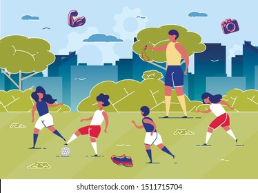 Children Playing Football on Grass Field with Ball Flat Cartoon Vector Illustration. Couch with Whistle Training Kids. Girls and Boys Running in Park. Active and Healthy Lifestyle.