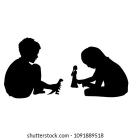 Children are playing, friendship, a girl and a boy, a silhouette on a white background