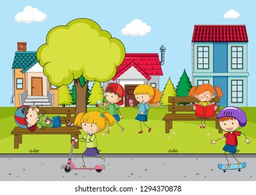 Children playing in front of the house illustration