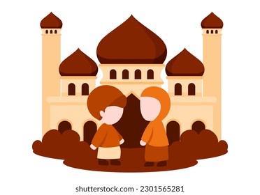 children playing in front of the mosque wearing Muslim clothes, illustration for the celebration of Ramadan