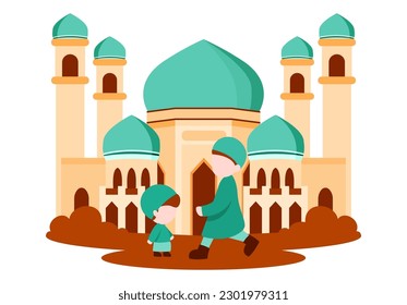 children playing in front of the mosque wearing Muslim clothes, illustration for the celebration of Ramadan