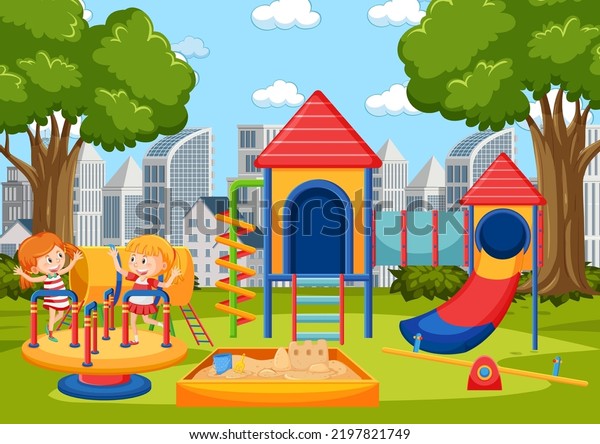 Children Playing Front School Playground Illustration Stock Vector ...