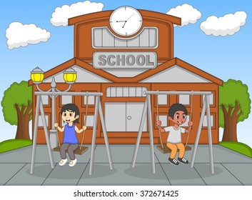 Children playing in front of their school cartoon vector illustration