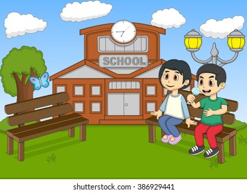 Children playing in front of their school cartoon vector