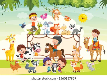 Children Playing With Funny Animals