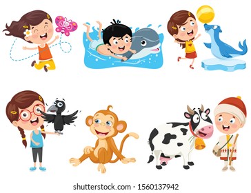 Children Playing With Funny Animals