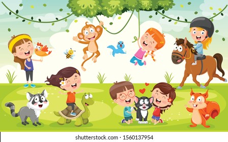 Children Playing With Funny Animals