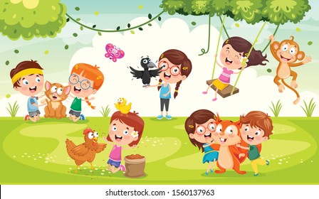 Children Playing With Funny Animals