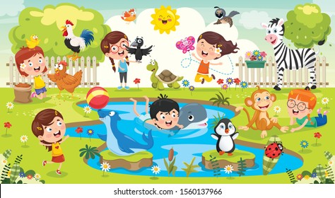 Children Playing With Funny Animals