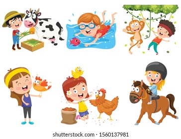 Children Playing With Funny Animals