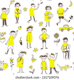 Children playing funny seamless pattern for the party. Doodle style, vector graphic illustration
