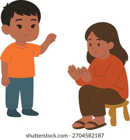 Niños jugando un juego juntos, dos niños están jugando un juego de aplausos. Uno está de pie y el otro sentado.
