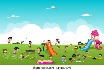 Children playing games in the park illustration. Linear seamless pattern. Vector