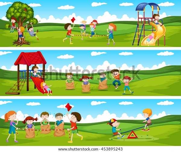 公園のイラストでゲームをしている子ども のベクター画像素材 ロイヤリティフリー