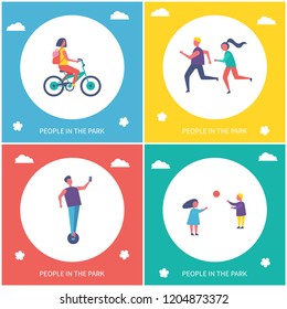 Children playing games in park isolated cartoon vector banner set. Girl riding by bicycle, boy on unicycle and guys running and having fun outdoor