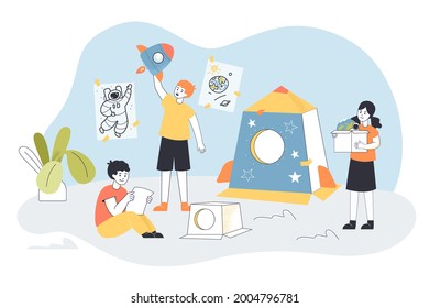 Children playing games with space theme. Flat vector illustration. Kids fantasizing about rocket, spaceship, playing astronauts, collecting crafts from cardboard. Space, childhood, creativity concept