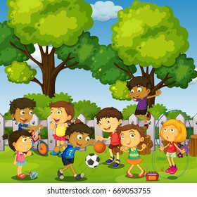 Children playing games and sports in park illustration