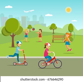 Children playing games and sports in the park. Vector flat illustration