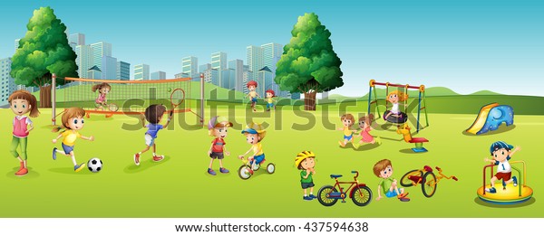 公園のイラストでゲームやスポーツをしている子ども のベクター画像素材 ロイヤリティフリー
