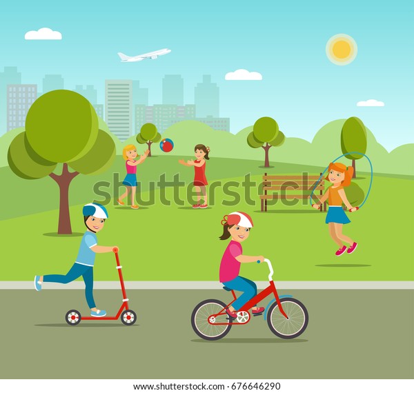 Children Playing Games Sports Park Vector Stock Vector (Royalty Free ...