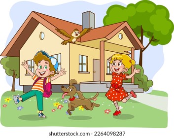 children playing in the garden of the house cartoon vector