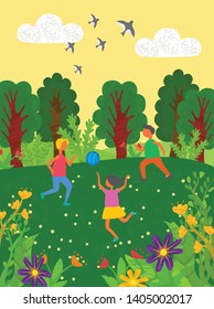 Children playing in group vector, boys and girls with inflatable ball outdoors activities of kids, swallows flying in sky. Forest with trees and flowers