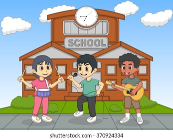 Children playing guitar in front of their school cartoon vector illustration