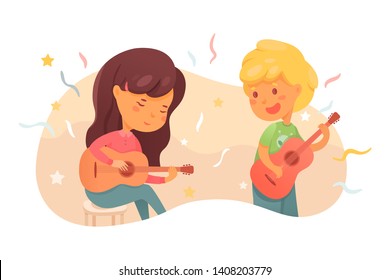 Children playing guitars flat vector illustration. Romantic girl with musical instrument. Cute boy, teenager, guitarist singing song. First love, teenage romance. Music lesson, concert rehearsal