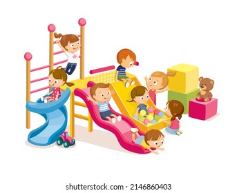 Children playing, hanging out, having fun, doing physical activity  in fine good mood, on playroom, playground, going down slide, hanging on ladder. Vector illustration. Flat design.